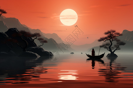 湖面上划行的木船背景图片