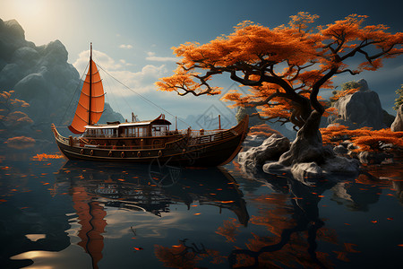 湖面上孤独的船只背景图片