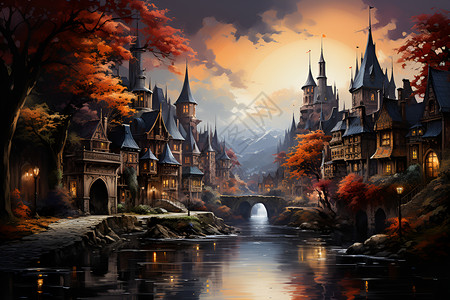 迷人的秋季城市插图背景图片