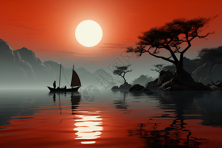 中式古风的泛舟场景背景图片