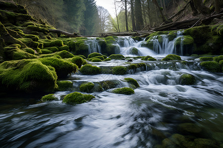 森林中流动的小溪背景图片