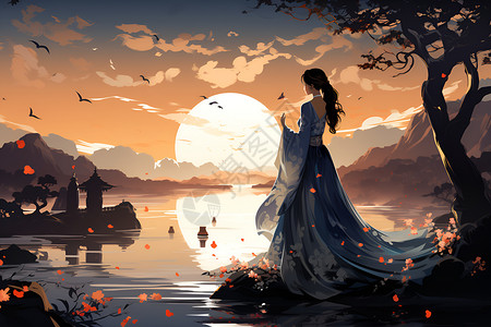夕阳下的湖畔女子背景图片