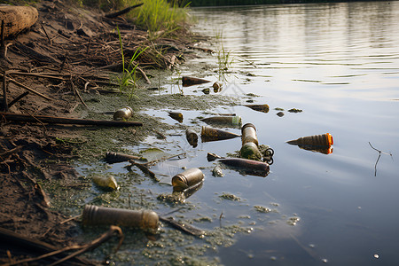 湖水中漂浮着垃圾水污染高清图片素材