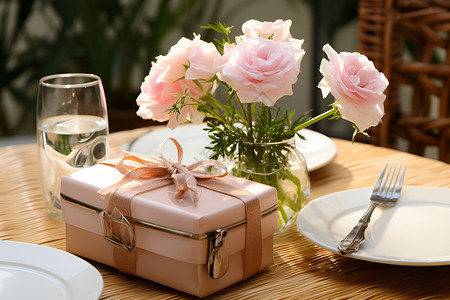 桌子上的礼盒和花束背景图片