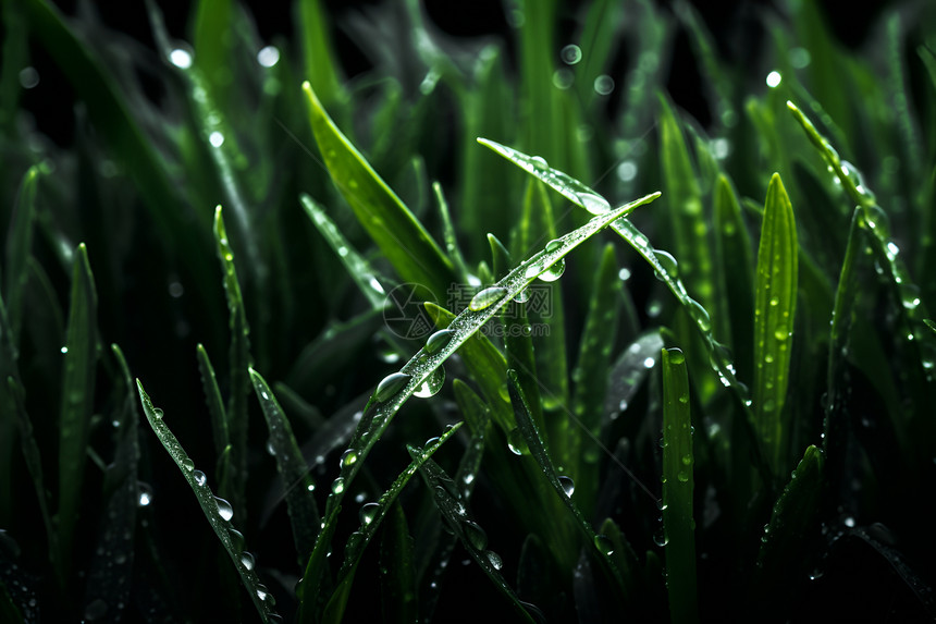 翠绿草叶闪烁的水滴图片