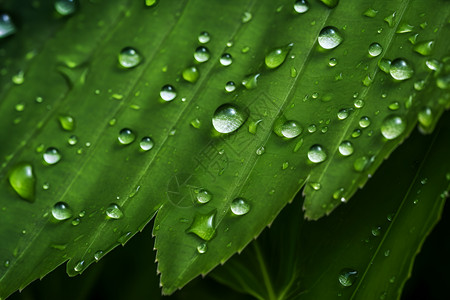 清新的绿叶上挂着水滴背景图片