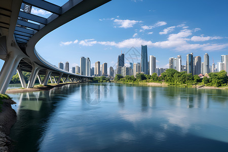 现代城市中一座桥横跨河流高清图片