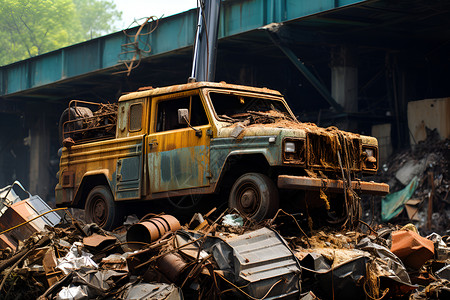 回收站的废弃汽车背景图片