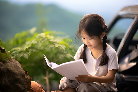 田野中阅读书本的小女孩背景图片