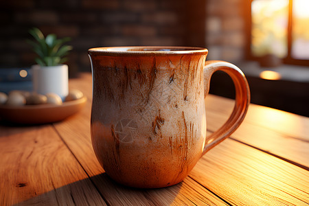 木桌上的原始陶瓷杯高清图片