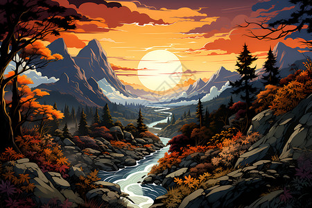 日落时分的山河风光背景图片