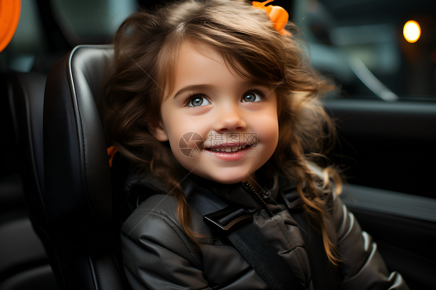 女孩安全坐在汽车后排图片
