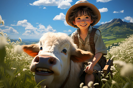 骑着小牛的牛仔男孩背景图片