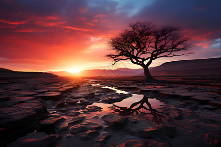 日落时分的沙漠景观背景图片