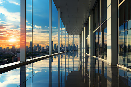 夕阳映照在高楼玻璃建筑背景图片