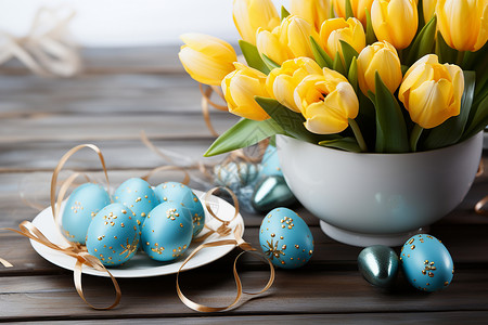 桌子上的彩蛋和郁金香背景图片