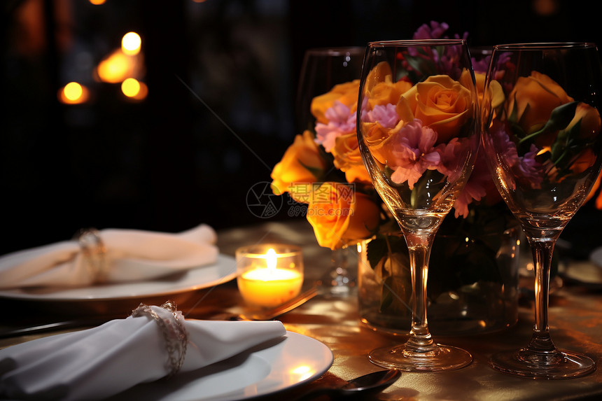 宴会上的蜡烛和酒杯图片