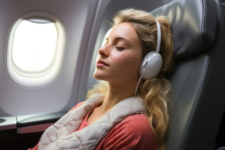 飞机上睡觉休息的女人背景图片