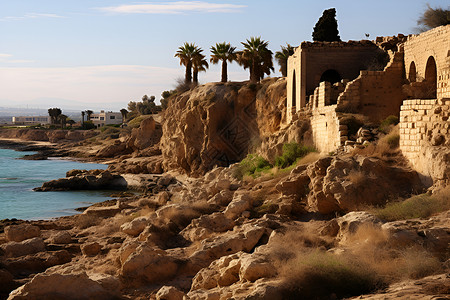 海悬崖上的古城遗址高清图片