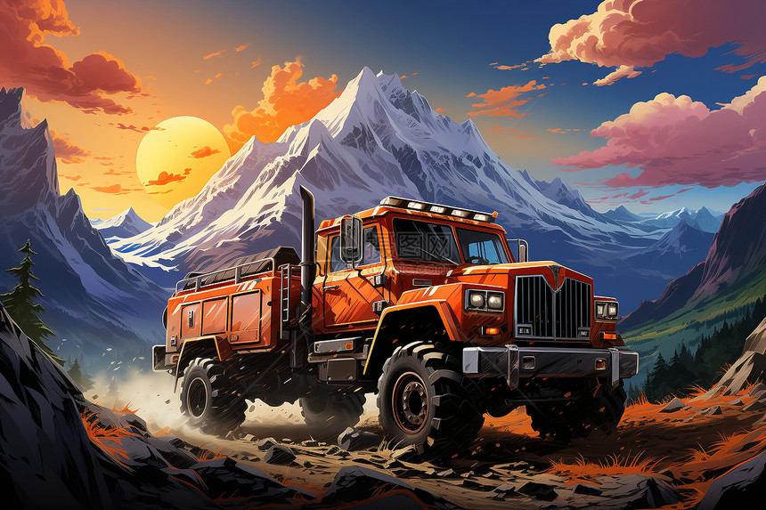 日落山谷中的运输卡车图片