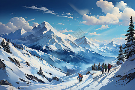 山脉上的滑雪者高清图片
