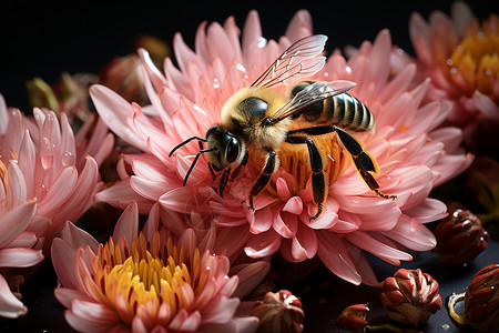 趴在红色花朵上的蜜蜂背景图片