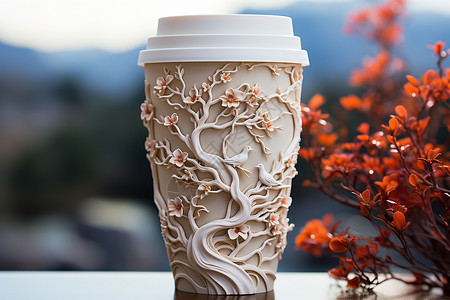 红色花朵旁的咖啡杯背景图片
