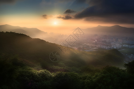 日出迷雾笼罩的城市与山脉背景图片