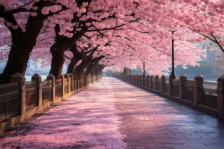 户外公园飘落的粉色花朵背景图片