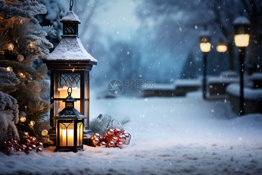 冬季户外的灯笼装饰图片
