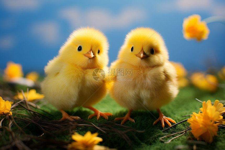 两只小黄雏鸟在地面上图片