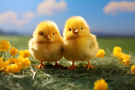 两只小鸡在草地上背景图片