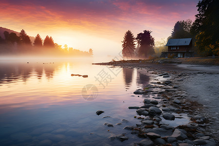 夕阳映照湖畔迷雾背景图片