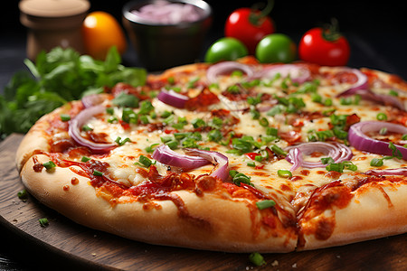 手绘培根披萨美味的洋葱奶酪披萨背景