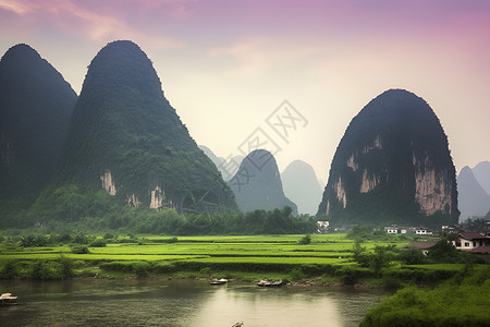 桂林山水田园与村舍背景图片