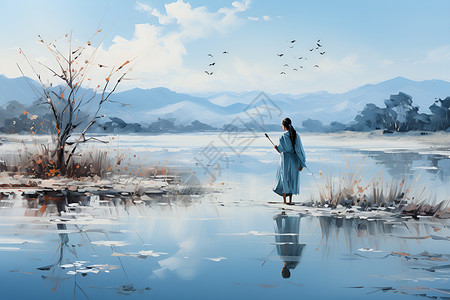 湖中女子背景图片