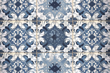 铺贴瓷砖蓝白色瓷砖的摩洛哥风格装饰插画