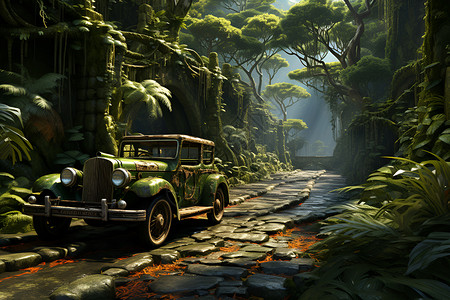 茂盛的森林中的车辆背景图片