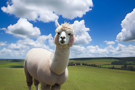蓝天白云中的羊驼背景图片