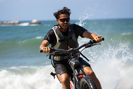 海浪中骑行的年轻男士背景图片