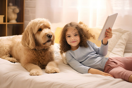 床上的女孩和小狗背景图片