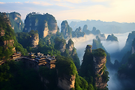 张家界风景蓝天白云下的山峦背景