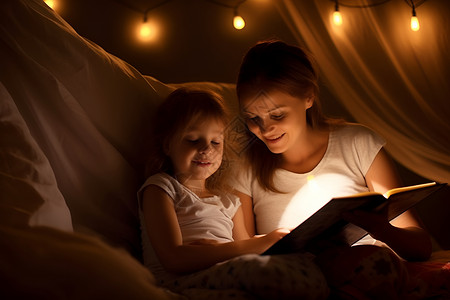 大床上阅读书籍的母女背景图片