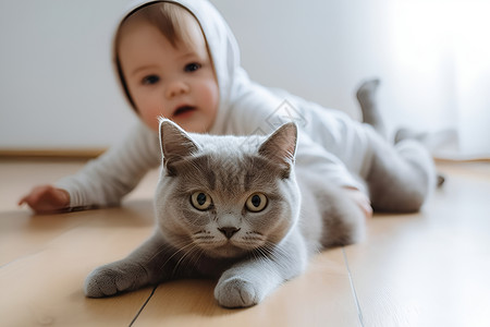 正在玩耍的小猫和婴儿背景图片