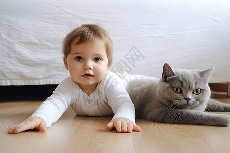 地板上温馨的猫咪和婴儿背景图片