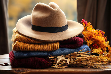 桌子上的毛衣和帽子背景图片