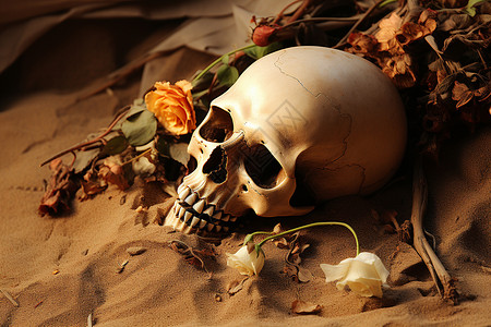 沙滩上的骷髅和花朵背景图片