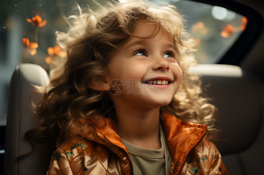 小女孩坐汽车出行图片