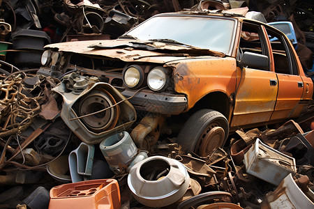 垃圾废墟中堆放的废弃汽车背景图片