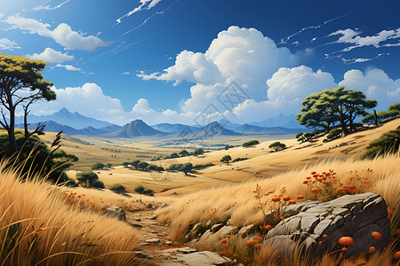 美丽的大草原内蒙古大草原的自然美景插画